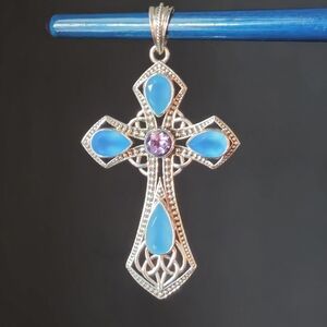 NICKY BUTLER 925 Sterling Silver Blue Chalcedony Amethyst Celtic Cross Pendant